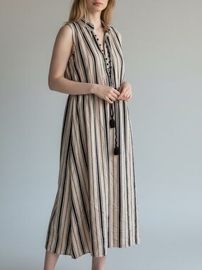 Scanlan Theodore Sleeveless Beige Black Striped Cinch Waist Bohemian Midi Dress